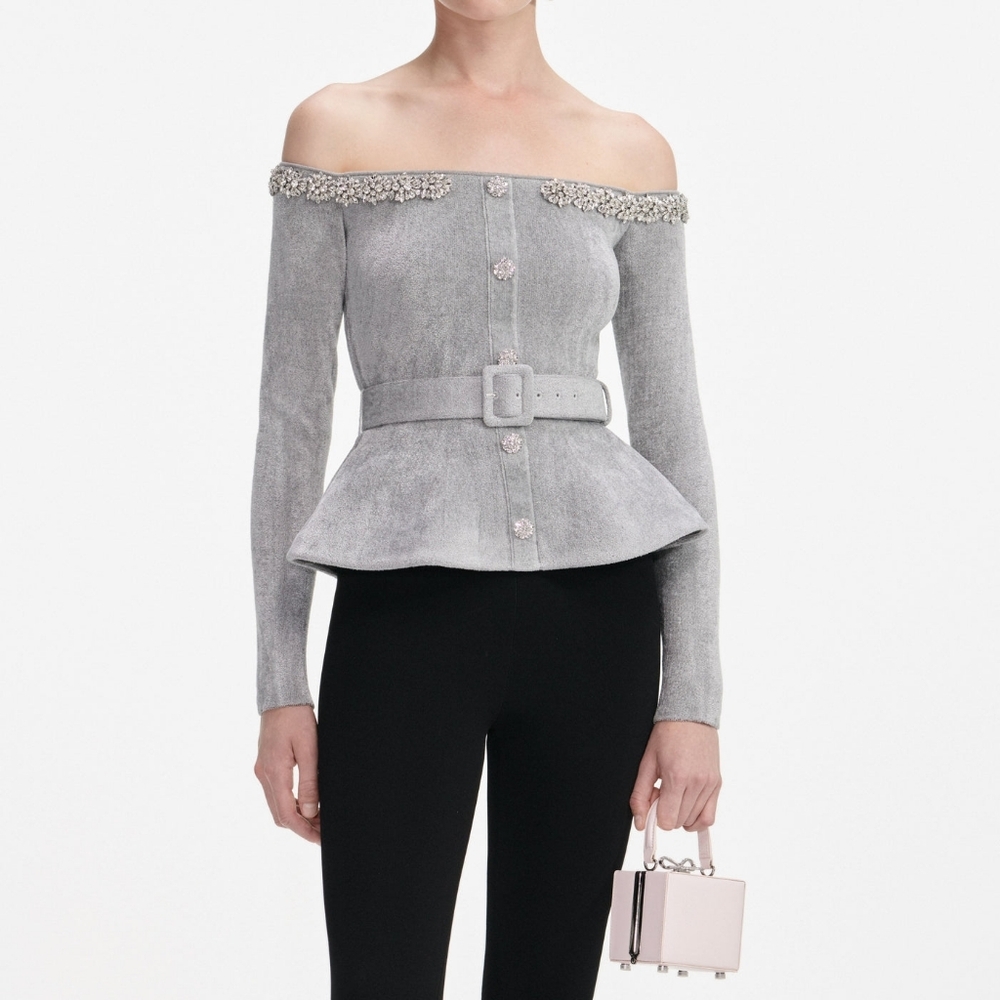 SELF-PORTRAIT Grey Chenille Knit Crystal Trim Top